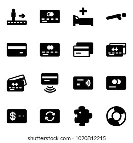 Solid vector icon set - travolator vector, credit card, hospital bed, push ups, tap pay, exchange, puzzle, circle chart