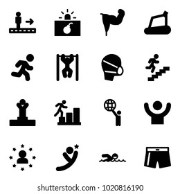 Solid vector icon set - travolator vector, terrorism, power hand, treadmill, run, pull ups, medical mask, career, winner, world, success, star man, flying, swimming, swimsuit