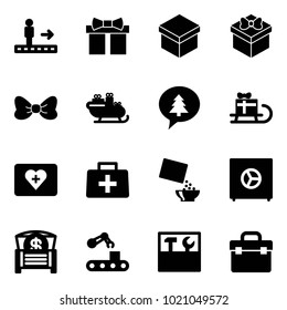 Solid vector icon set - travolator vector, gift, bow, santa sleigh, merry christmas message, first aid kit, doctor bag, cereal, safe, money chest, conveyor, tool box