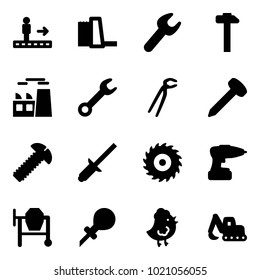 Solid vector icon set - travolator vector, water power plant, wrench, hammer, plumber, nail, screw, clinch, saw disk, drill, cocncrete mixer, oiler, chicken toy, excavator