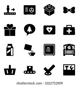 Solid vector icon set - travolator vector, safe, gift, bow, merry christmas message, first aid kit, doctor bag, milk, cereal, money chest, basket, conveyor, check, tool box
