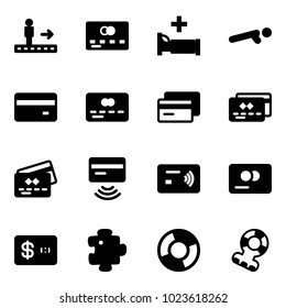 Solid vector icon set - travolator vector, credit card, hospital bed, push ups, tap pay, puzzle, circle chart, teethers