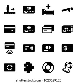 Solid vector icon set - travolator vector, credit card, hospital bed, push ups, tap pay, exchange, puzzle, circle chart, teethers