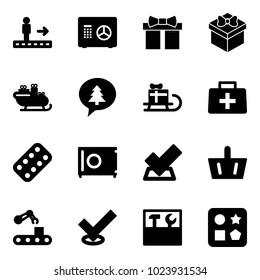 Solid vector icon set - travolator vector, safe, gift, santa sleigh, merry christmas message, doctor bag, pills blister, check, basket, conveyor, tool box, cube hole toy