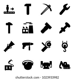 Solid vector icon set - travolator vector, work, job, wrench, hammer, plant, bolt, nail dowel, drill machine, Angular grinder, winch, welding, protect glass, sharpening, excavator toy