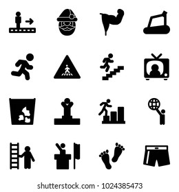 Solid vector icon set - travolator vector, santa claus, power hand, treadmill, run, pedestrian road sign, career, tv news, garbage, winner, world, opportunity, speaker, feet, swimsuit