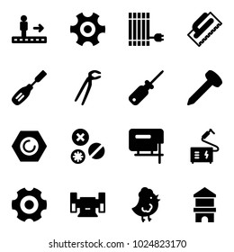 Solid vector icon set - travolator vector, gear, sun panel, trowel, chisel, plumber, screwdriver, nail, nut, rivet, jig saw, welding, sharpening, chicken toy, block house