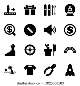 Solid vector icon set - travolator vector, gift, ski, snowball tree, money click, detour road sign, volume medium, dollar, success, target, speaker, rainbow, palm, t shirt, side cutters, rocket