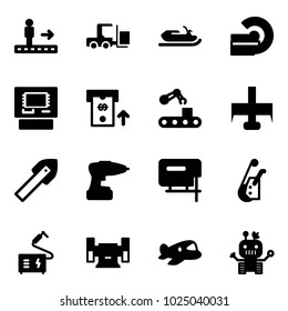Solid vector icon set - travolator vector, fork loader, snowmobile, mri, atm, conveyor, milling cutter, tile drill, jig saw, winch, welding, sharpening, plane toy, robot