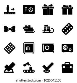 Solid vector icon set - travolator vector, safe, gift, bow, santa sleigh, pills blister, check, conveyor, tool box