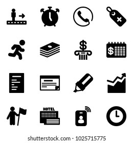 Solid vector icon set - travolator vector, alarm clock, phone, medical label, run, dollar, bank, finance calendar, document, schedule, highlight marker, growth, win, sea hotel, identity card