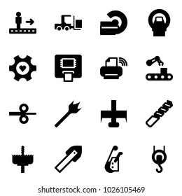 Solid vector icon set - travolator vector, fork loader, mri, heart gear, atm, printer wireless, conveyor, steel rolling, wood drill, milling cutter, crown, tile, winch