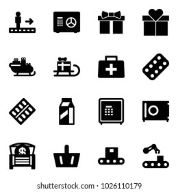 Solid vector icon set - travolator vector, safe, gift, santa sleigh, doctor bag, pills blister, milk, money chest, basket, conveyor
