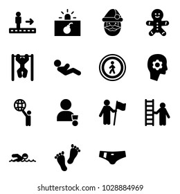 Solid vector icon set - travolator vector, terrorism, santa claus, cake man, pull ups, abdominal muscles, no pedestrian road sign, brain work, world, winner, win, opportunity, swimming, feet