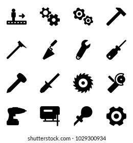 Solid vector icon set - travolator vector, gear, gears, hammer, mason, trowel, wrench, screwdriver, nail, clinch, saw disk, Angular grinder, drill, jig, oiler