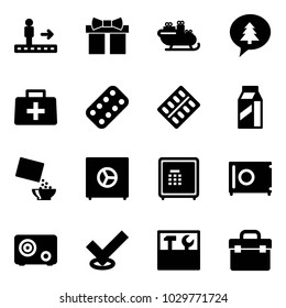 Solid vector icon set - travolator vector, gift, santa sleigh, merry christmas message, doctor bag, pills blister, milk, cereal, safe, check, tool box