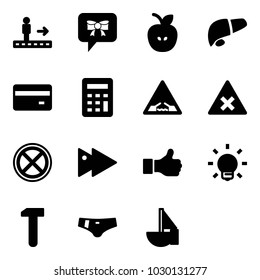 Solid vector icon set - travolator vector, bow message, apple, liver, credit card, calculator, drawbridge road sign, railway intersection, no stop, fast forward, like, bulb, work, swimsuit