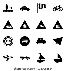 Solid Vector Icon Set - Travolator Vector, Safety Car, Side Wind, Bike, Climb Road Sign, Tunnel, Railway Intersection, Speed Limit 110, Bus, Paper Fly, Plane, Cabrio, Sailboat Toy