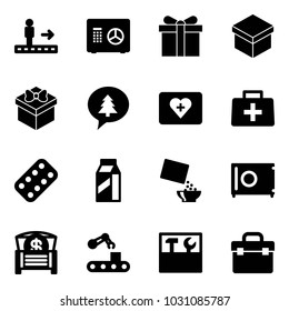Solid vector icon set - travolator vector, safe, gift, merry christmas message, first aid kit, doctor bag, pills blister, milk, cereal, money chest, conveyor, tool box
