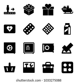 Solid vector icon set - travolator vector, gift, santa sleigh, first aid kit, pills blister, milk, safe, check, basket, tool box, cube hole toy