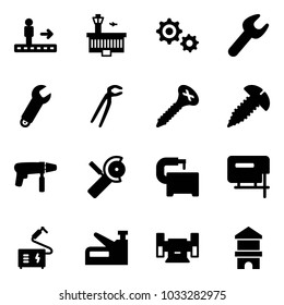 Solid vector icon set - travolator vector, airport building, gear, wrench, plumber, screw, drill machine, Angular grinder, tool, jig saw, welding, stapler, sharpening, toy block house