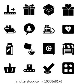 Solid vector icon set - travolator vector, gift, santa sleigh, merry christmas message, first aid kit, milk, cereal, safe, money chest, basket, conveyor, check, cube hole toy