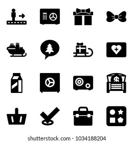Solid vector icon set - travolator vector, safe, gift, bow, santa sleigh, merry christmas message, first aid kit, milk, money chest, basket, check, tool box, cube hole toy