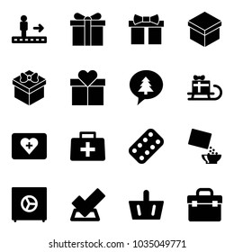 Solid vector icon set - travolator vector, gift, merry christmas message, sleigh, first aid kit, doctor bag, pills blister, cereal, safe, check, basket, tool box