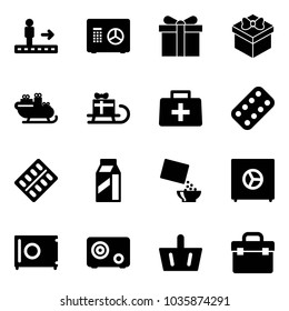 Solid vector icon set - travolator vector, safe, gift, santa sleigh, doctor bag, pills blister, milk, cereal, basket, tool box