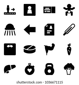 Solid vector icon set - travolator vector, female wc, ticket, baby, shower, left arrow, patient card, thermometer, floor scales, pill, power hand, carrot, liver, stopwatch heart, weight, broccoli
