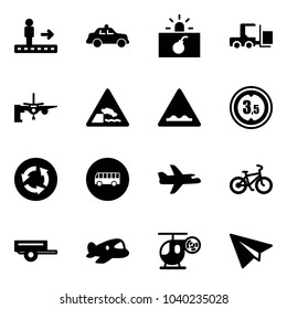 Solid vector icon set - travolator vector, safety car, terrorism, fork loader, boarding passengers, embankment road sign, rough, limited height, circle, bus, plane, bike, trailer, toy, helicopter