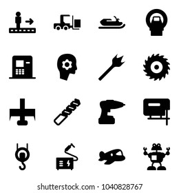 Solid vector icon set - travolator vector, fork loader, snowmobile, mri, atm, brain work, wood drill, saw disk, milling cutter, jig, winch, welding, plane toy, robot