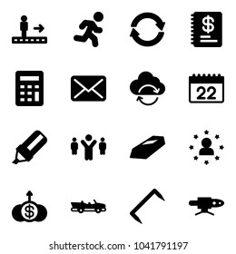 Solid vector icon set - travolator vector, run, exchange, annual report, calculator, mail, refresh cloud, calendar, highlight marker, team leader, gold, star man, dollar growth, cabrio, staple