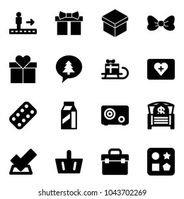 Solid vector icon set - travolator vector, gift, bow, merry christmas message, sleigh, first aid kit, pills blister, milk, safe, money chest, check, basket, tool box, cube hole toy