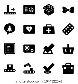 Solid vector icon set - travolator vector, safe, gift, bow, merry christmas message, first aid kit, doctor bag, pills blister, check, basket, conveyor, tool box