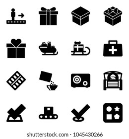 Solid vector icon set - travolator vector, gift, santa sleigh, doctor bag, pills blister, cereal, safe, money chest, check, conveyor, cube hole toy