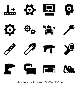 Solid vector icon set - travolator vector, heart gear, atm, brain work, robot, wood drill, tile, machine, Angular grinder, tool, generator, excavator toy