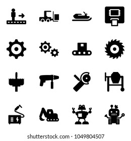 Solid vector icon set - travolator vector, fork loader, snowmobile, atm, gear, conveyor, saw disk, crown drill, machine, Angular grinder, cocncrete mixer, welding, excavator toy, robot