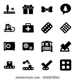 Solid vector icon set - travolator vector, gift, bow, merry christmas message, sleigh, doctor bag, pills blister, safe, money chest, check, conveyor, cube hole toy