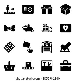 Solid vector icon set - travolator vector, safe, gift, bow, santa sleigh, first aid kit, pills blister, cereal, money chest, check, basket, conveyor, tool box