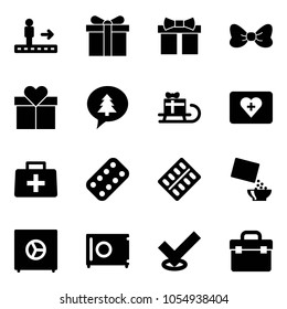 Solid vector icon set - travolator vector, gift, bow, merry christmas message, sleigh, first aid kit, doctor bag, pills blister, cereal, safe, check, tool box