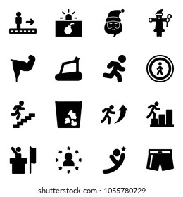 Solid vector icon set - travolator vector, terrorism, santa claus, power hand, treadmill, run, no pedestrian road sign, career, garbage, speaker, star man, flying, swimsuit