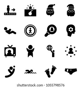 Solid vector icon set - travolator vector, terrorism, santa claus, abdominal muscles, no pedestrian road sign, head hunter, brain work, tv news, success, world, star man, flying, swimming, feet