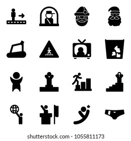 Solid vector icon set - travolator vector, officer window, santa claus, treadmill, pedestrian road sign, tv news, garbage, success, winner, career, world, speaker, flying man, swimsuit
