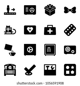 Solid vector icon set - travolator vector, safe, gift, bow, sleigh, first aid kit, doctor bag, pills blister, cereal, money chest, check, tool box, cube hole toy