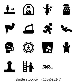 Solid vector icon set - travolator vector, officer window, santa claus, power hand, treadmill, run, abdominal muscles, medical mask, no pedestrian road sign, garbage, success, winner, opportunity
