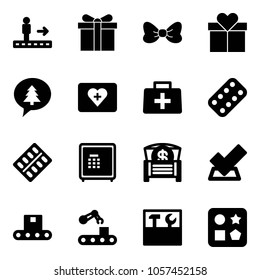 Solid vector icon set - travolator vector, gift, bow, merry christmas message, first aid kit, doctor bag, pills blister, safe, money chest, check, conveyor, tool box, cube hole toy