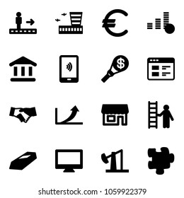 Solid vector icon set - travolator vector, airport building, euro, coin, bank, mobile payment, money torch, website, agreement, growth arrow, store, opportunity, gold, monitor, oil derrick, puzzle