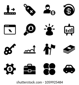 Solid vector icon set - travolator vector, medical label, account, money back, cursor browser, head hunter, idea, presentation chart, key, growth, win, dollar, managemet, case, atom core, car