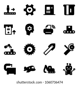 Solid Vector Icon Set - Travolator Vector, Heart Gear, Atm, Brain Work, Printer Wireless, Conveyor, Saw Disk, Tile Drill, Angular Grinder, Machine Tool, Plane Toy, Excavator, Robot